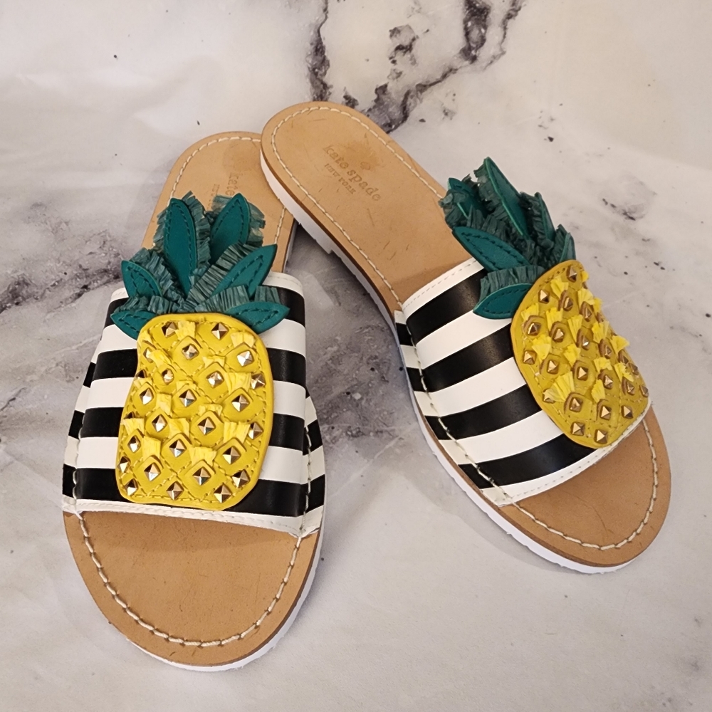 KATE SPADE Icarus Pineapple Slide Sandals Black & White Striped Studded Leather